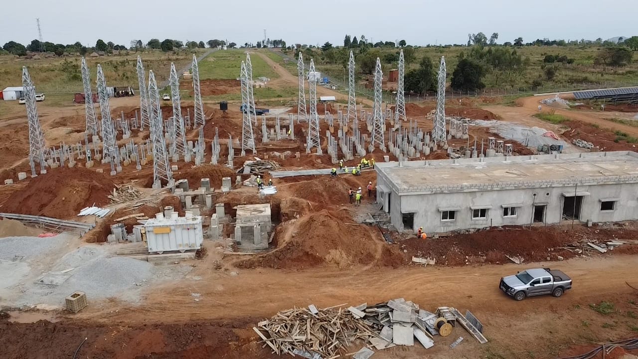Aerial view of substation works and control building, 25MWp PV plant